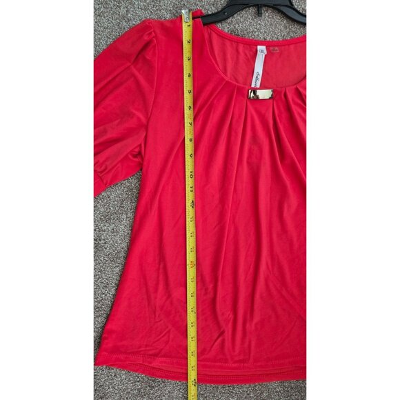 NY Collection Red Half Sleeve Blouse With Pleated Front Design & Metal Accent Si - Picture 3 of 7